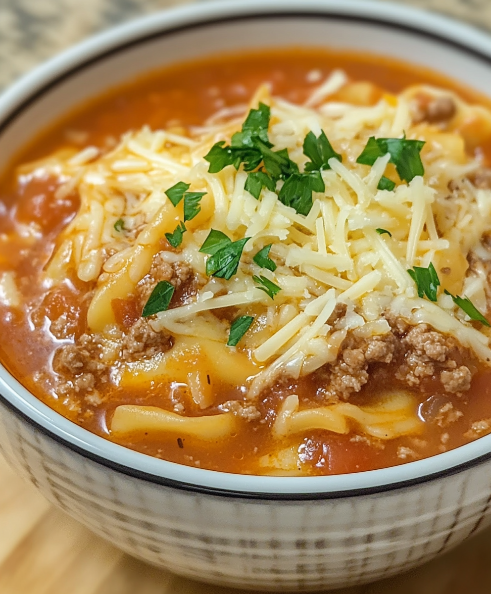 Close-up of lasagna soup showing curly broken noodles, beefy tomato broth, white ricotta swirl, melty cheese, fresh basil and parsley