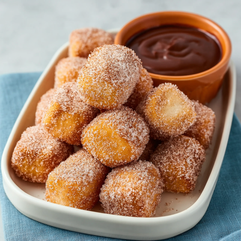 Sweet air fryer churro bites coated in cinnamon sugar on a white plate with chocolate dipping sauce, golden crispy outside and pillowy inside