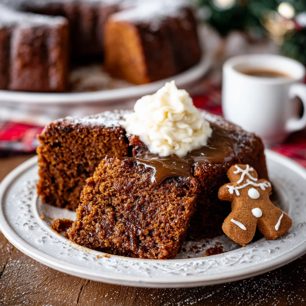 Slice of warm gingerbread on a small plate with a dollop of whipped cream, drizzle of molasses, and a sprig of mint