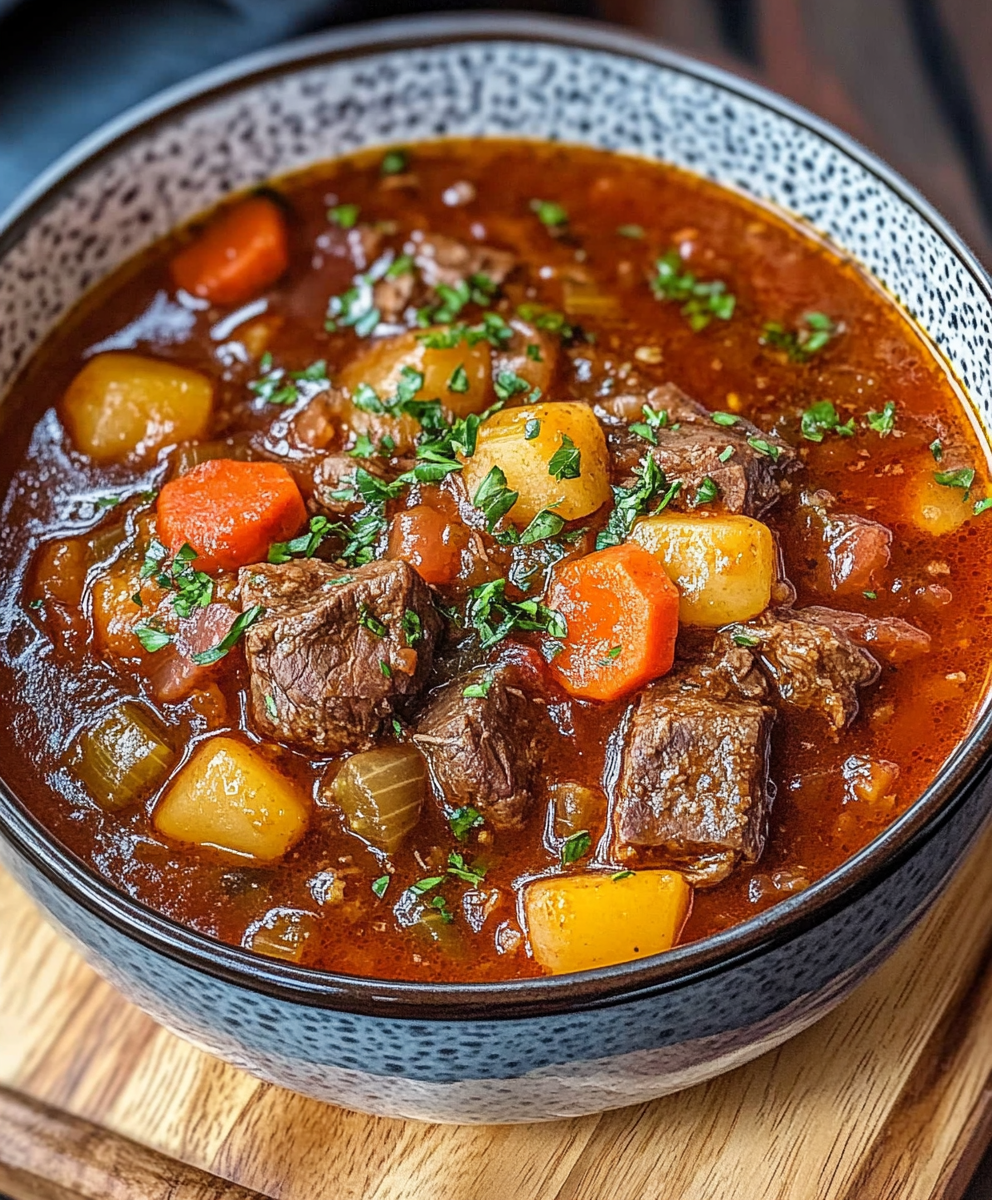 Close-up of beef stew showing fork-tender beef pieces, golden carrots, melting potatoes, rich glossy gravy, and a thyme sprig on top