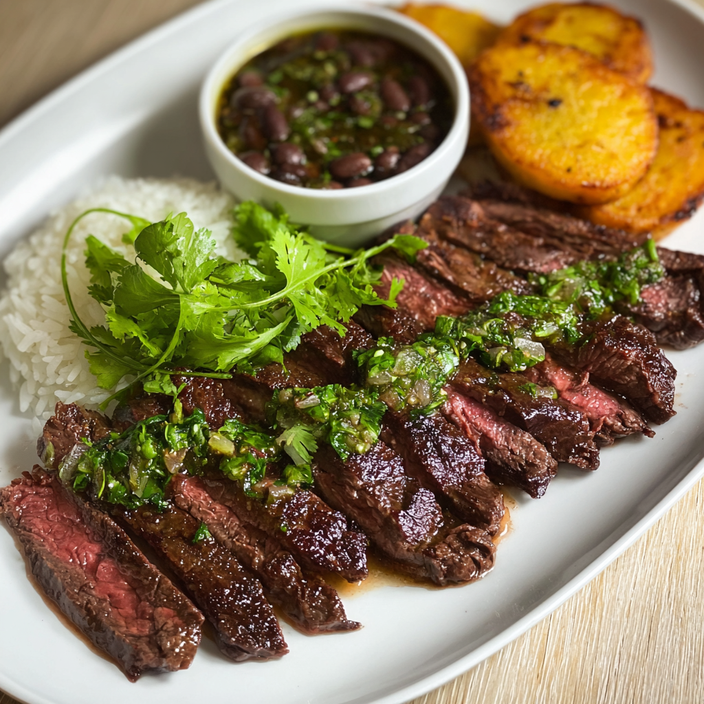 Close-up of churrasco showing perfect medium-rare slice, glistening juices, chimichurri drizzle, scattered red pepper flakes and herbs