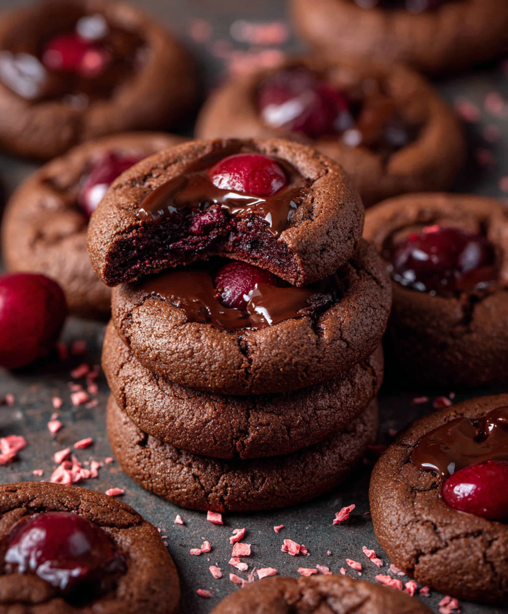 Chocolate Cherry Cookies (Soft Chocolate Cookies With Cherry Filling & Ganache Top, 45 Min)