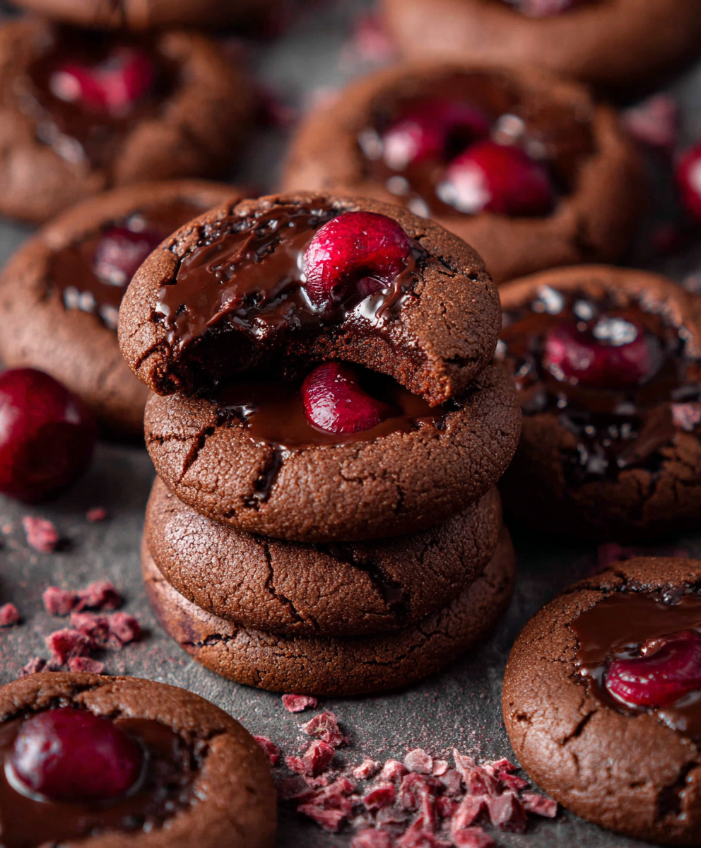 Close-up of one cookie split open showing fudgy chocolate interior, gooey cherry filling, dripping ganache, dusted with crushed freeze-dried cherries