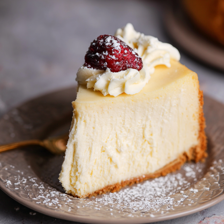 Classic New York cheesecake slice on a small plate showing dense creamy filling, golden graham cracker crust, fresh raspberry and dusting of powdered sugar
