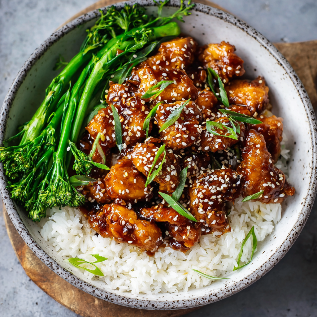 Close-up of sesame chicken showing sticky glossy sauce, golden chicken, sesame seeds, fresh green onions, served over jasmine rice