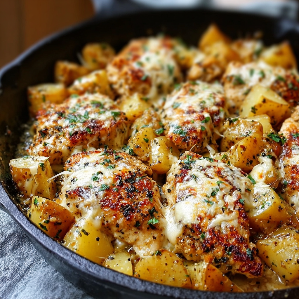 Close-up of garlic parmesan chicken showing crispy golden coating, creamy garlic-parmesan sauce, melted cheese, fresh parsley garnish