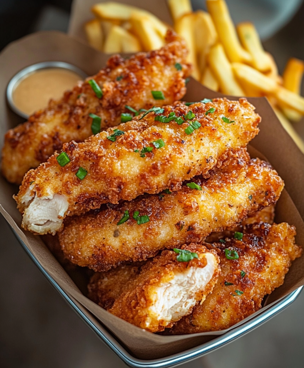 Close-up of one chicken tender showing extra-crispy panko crust, juicy white chicken inside, golden-brown bumpy texture, sea salt