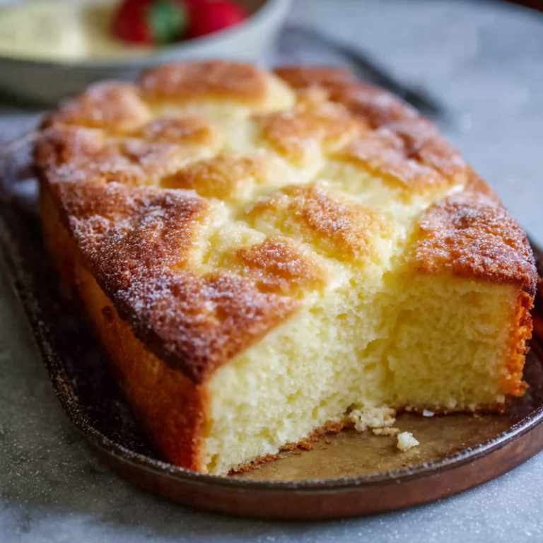 French butter cake on a serving plate with golden crosshatched top, deep amber color, dusting of powdered sugar, slice cut showing dense texture