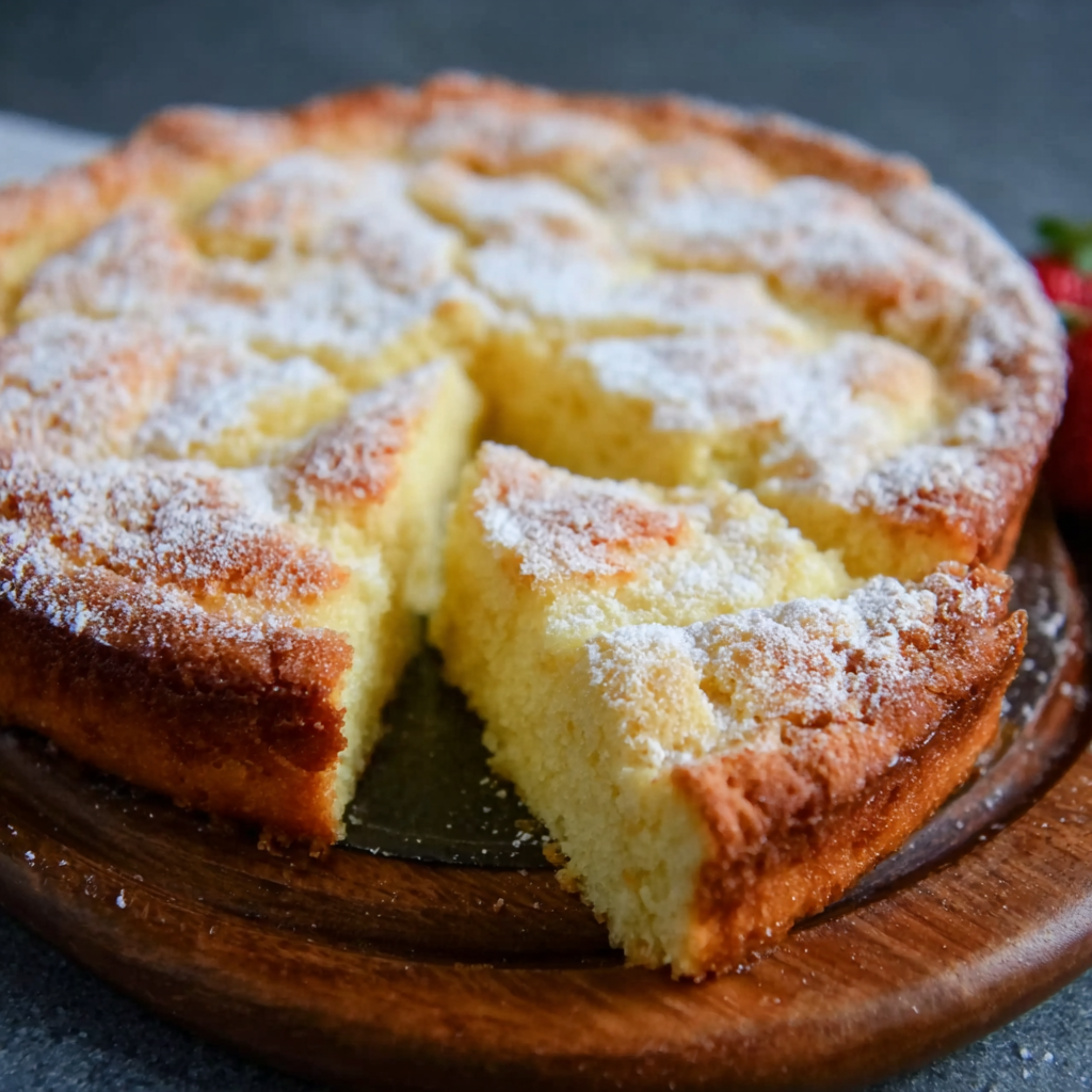 Close-up slice of French butter cake showing rich golden crumb, crisp egg-wash top, buttery dense shortbread-like texture