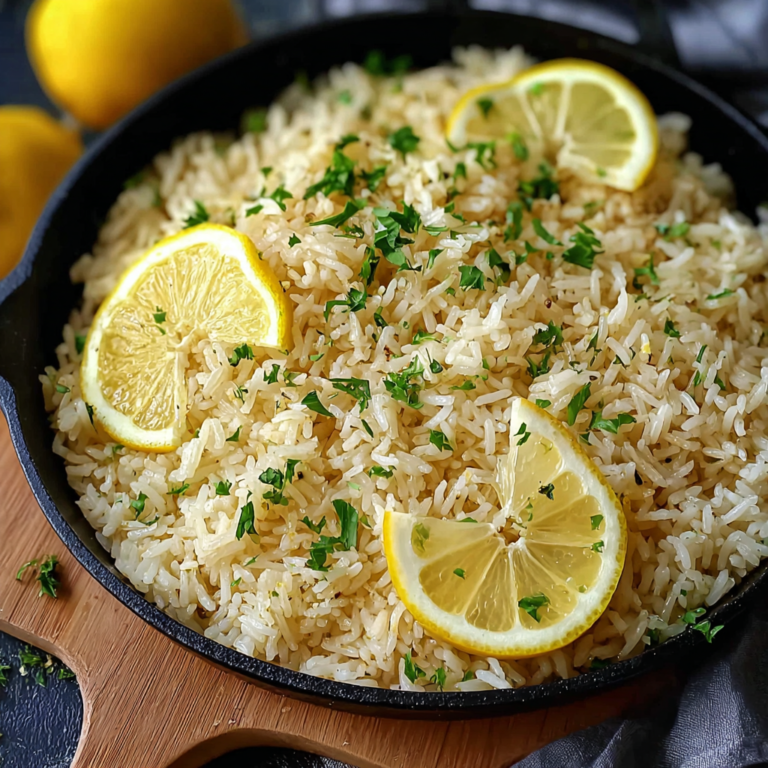 Greek lemon rice in a serving bowl with fluffy yellow rice, fresh dill, lemon zest, lemon wedges, olive oil drizzle