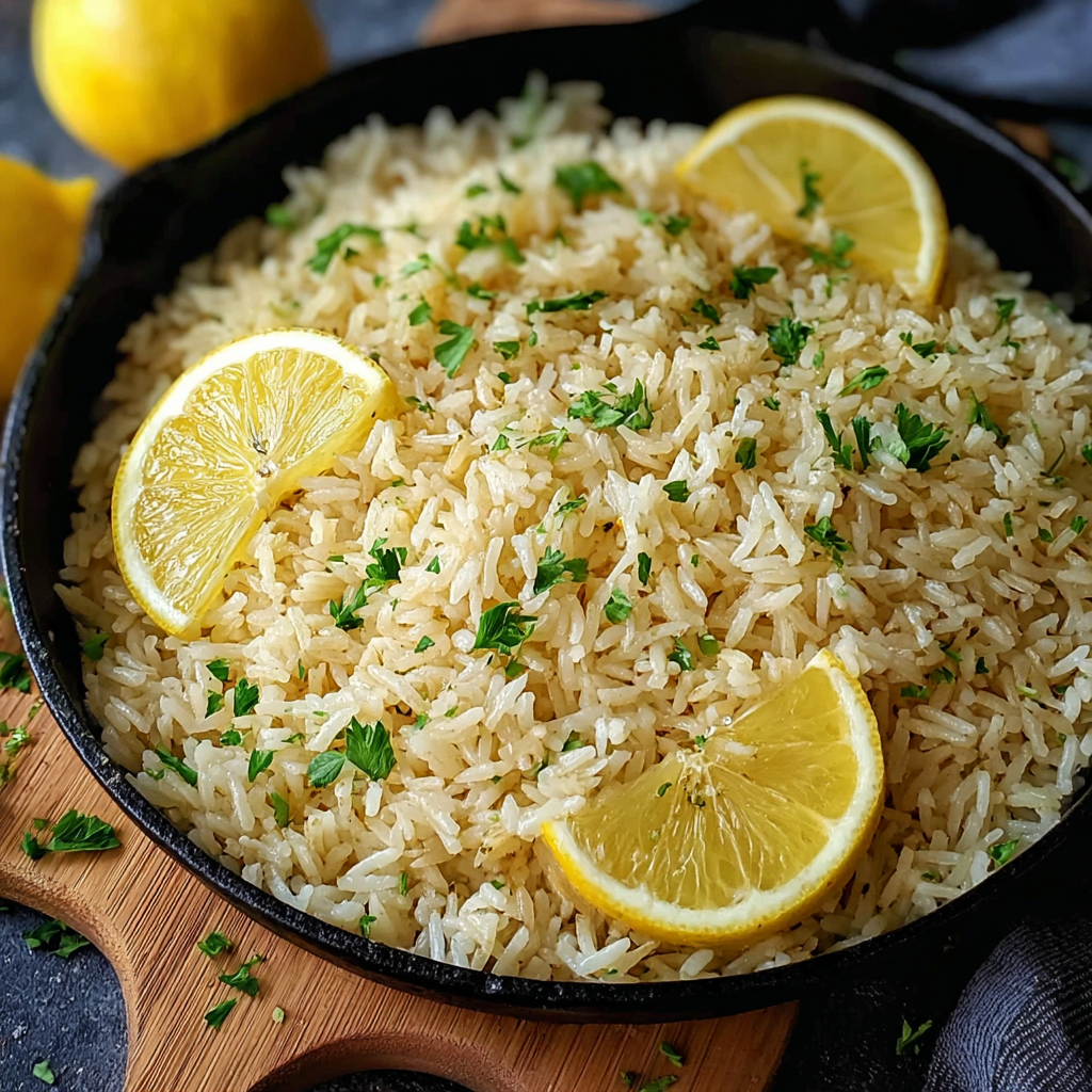 Close-up of Greek lemon rice showing tender grains, lemon yellow color, fresh dill, dill bits, garlic flecks, glistening from olive oil