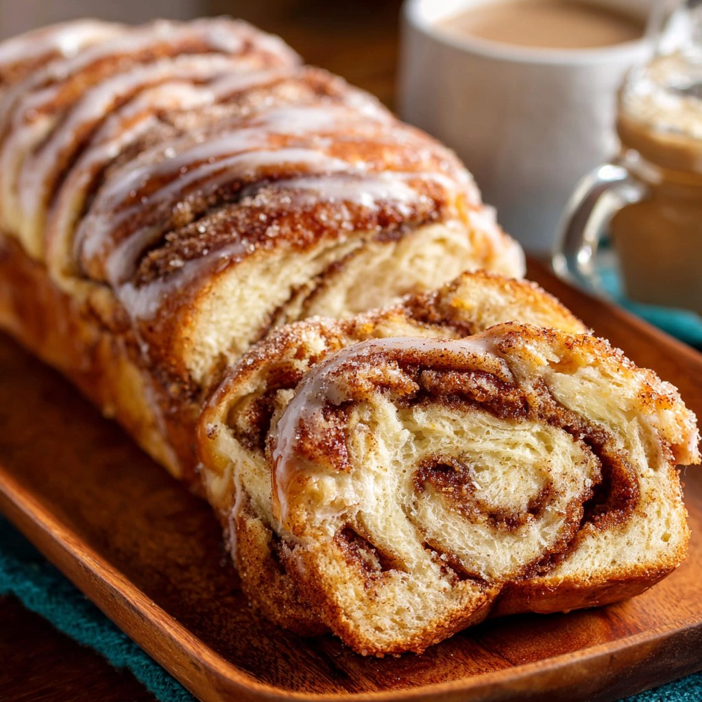 Close-up of cinnamon roll bread slice showing swirled cinnamon filling, tender crumb, glistening cream cheese glaze, pull-apart texture