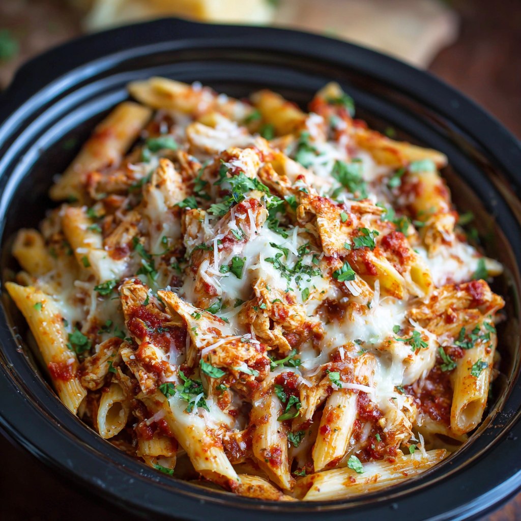 Close-up of cheesy chicken pasta showing melted mozzarella stretch, chunky tomato sauce, chicken pieces, ziti pasta, golden crust