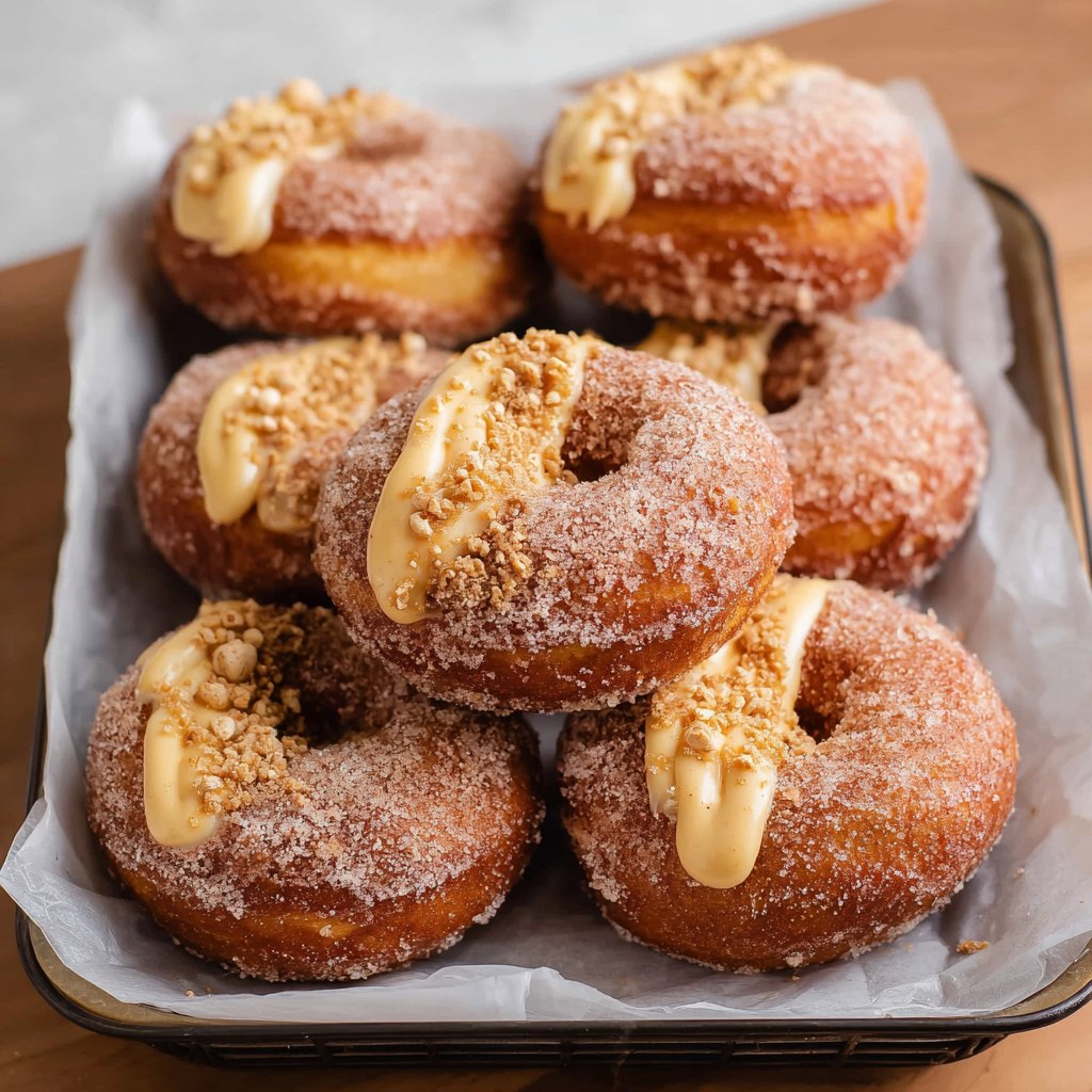 Close-up of one cinnamon sugar donut showing crusty cinnamon-sugar coating, tender cake-like crumb inside, classic donut hole