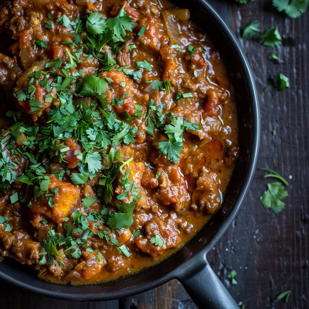 Close-up of vegetable curry showing tender vegetables, creamy orange coconut sauce, vibrant fresh cilantro leaves, aromatic Indian spices visible