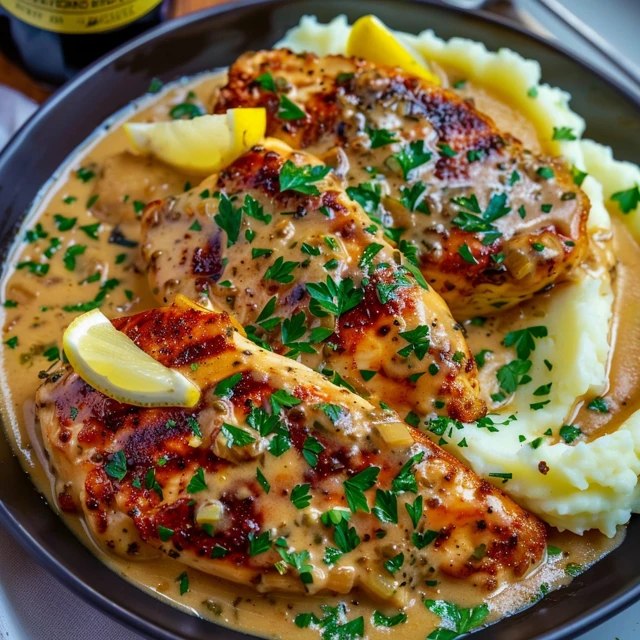 Close-up of creamy garlic parmesan chicken showing crispy golden crust, velvety cream sauce with parmesan shreds, garlic flecks, parsley, mashed potatoes drizzled with sauce