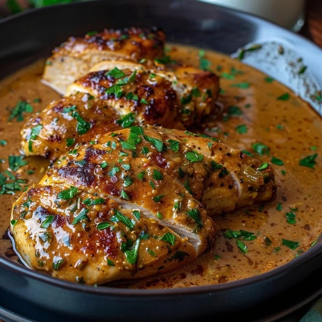 Close-up of melt in your mouth chicken showing ultra-tender interior, golden bubbly parmesan-sour-cream crust, paprika dusting, parsley garnish