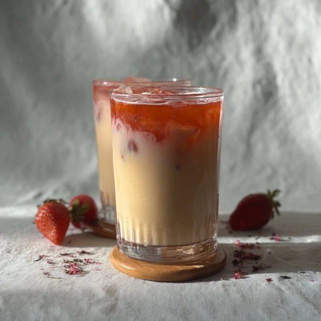 Close-up of strawberry milk tea showing distinct pink-cream layers, jammy strawberry puree, ice cubes, beads of condensation, whipped cream topping