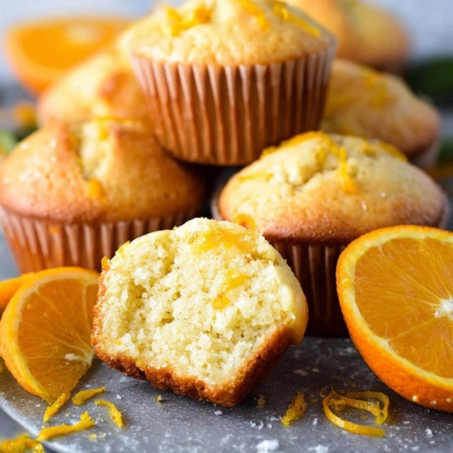 Close-up of split orange muffin showing fluffy citrus-flecked interior, golden crust, glistening orange-juice glaze on top, fresh orange wedges nearby