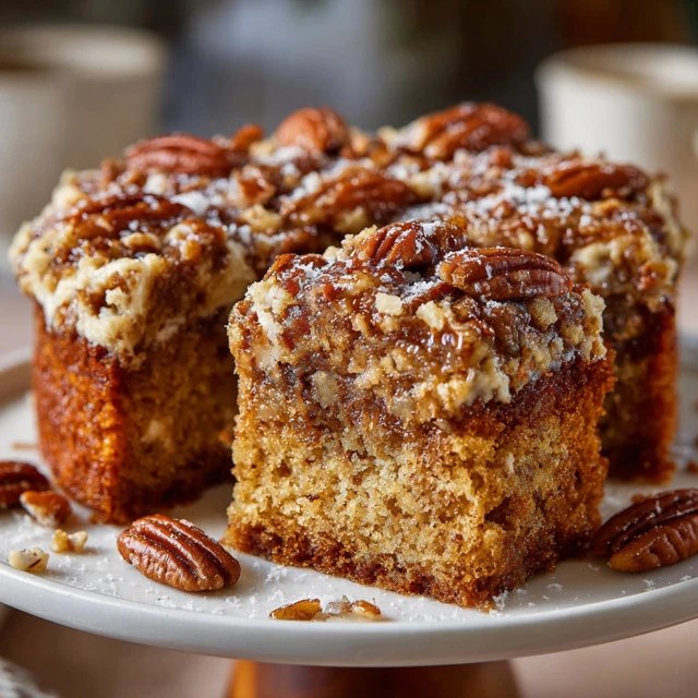 Close-up of coffee cake slice showing buttery yellow sour-cream cake, cinnamon-sugar swirl in middle, crunchy pecan streusel topping, vanilla glaze drizzle, coffee cup