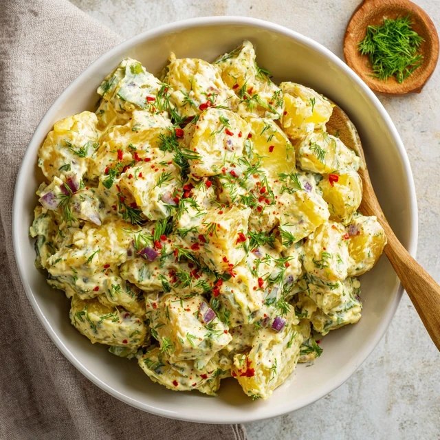 Close-up of potato salad on a plate showing creamy mayo-mustard dressing, yellow egg pieces, crunchy celery, green dill specks, smoked paprika sprinkle on top