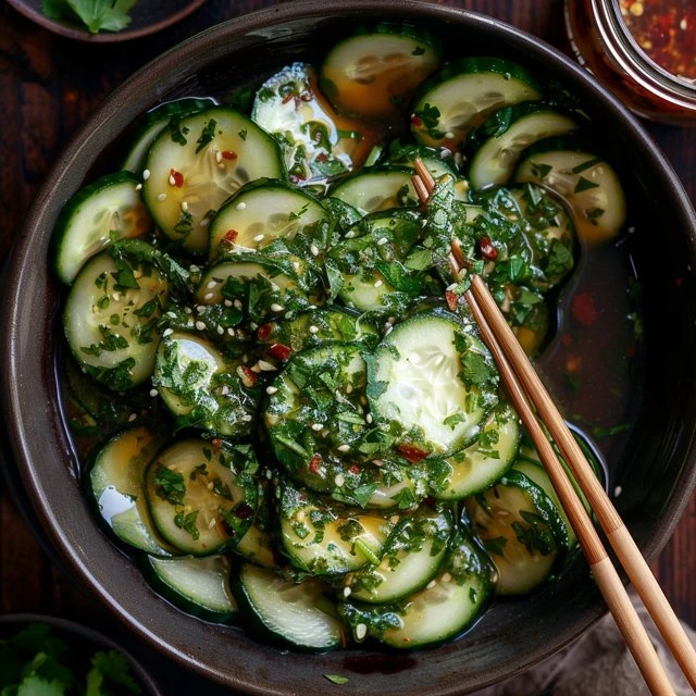 Close-up of smashed cucumber salad showing irregular cucumber chunks coated in dark soy dressing, glossy sheen of sesame oil, sesame seeds clinging to surfaces, chili oil pooling