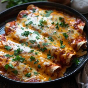 Cheesy Baked Chicken Enchiladas (Rolled Flour Tortillas, Red Sauce, Melted Cheese, 50 Min)