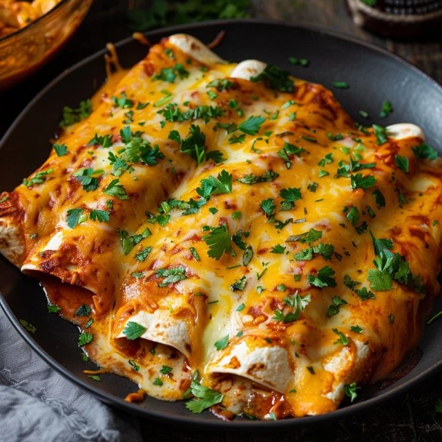 Close-up of one enchilada being lifted from the pan showing soft tortilla wrapped around shredded chicken and cheese filling, gooey cheese strings, red sauce dripping, cilantro garnish