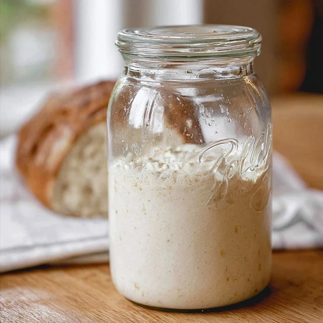 Close-up of bubbly active sourdough starter showing thick batter-like consistency riddled with air bubbles, foamy domed top, climbing up the sides of a wide-mouth mason jar