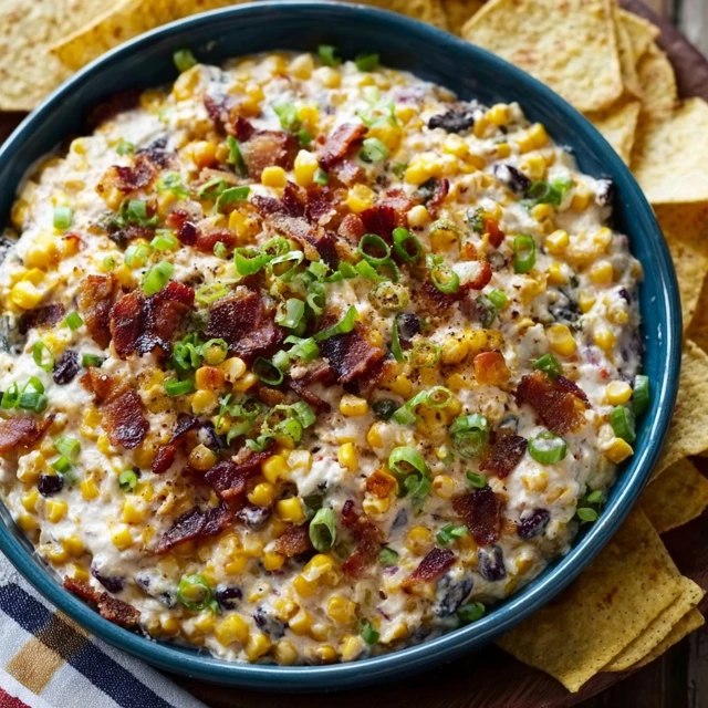Close-up of corn dip showing creamy melted cheese, charred corn kernels, smoky bacon bits, green jalapeño specks, golden bubbly top with brown caramelized edges, tortilla chip scooping creamy dip
