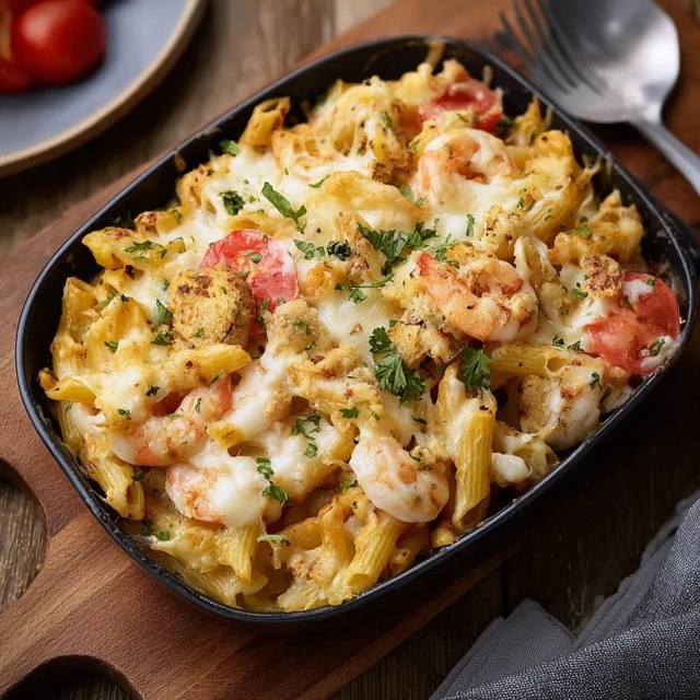 Close-up of one serving of shrimp pasta bake showing pink curled shrimp, creamy tomato sauce coating penne tubes, melted gooey mozzarella with browned bubbly spots, fresh basil ribbons, parmesan shavings