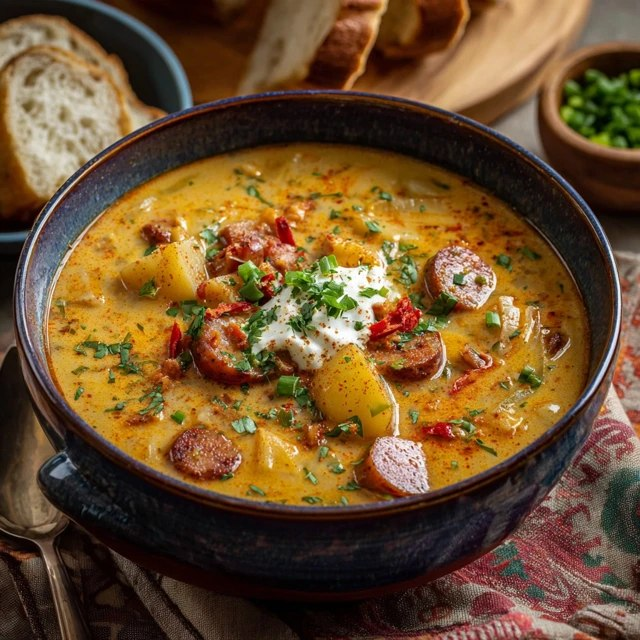Close-up of creamy potato sausage soup showing thick velvety broth, tender potato cubes, browned Italian sausage crumbles, swirl of cream, fresh thyme garnish