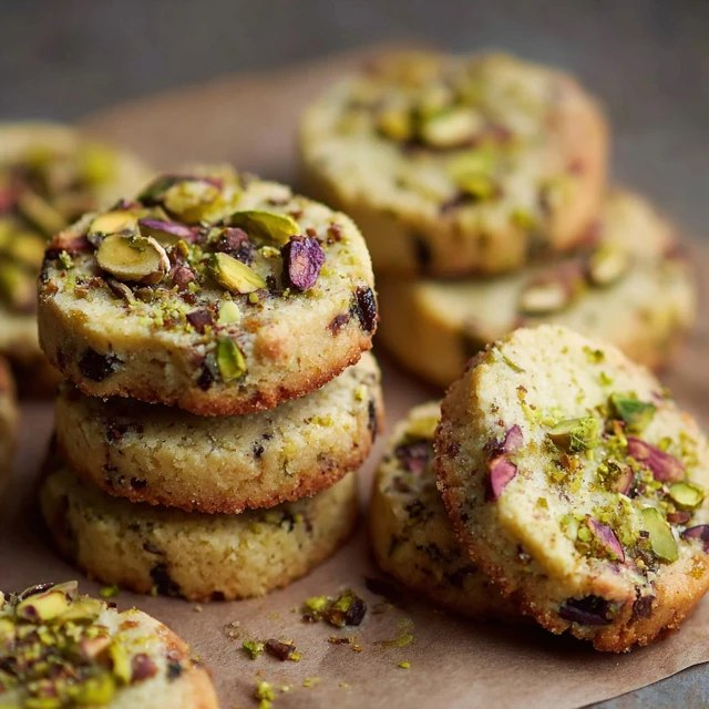 Close-up of pistachio shortbread cookie showing tender crumbly texture, vivid green pistachio pieces embedded throughout, sandy buttery surface, sea salt flakes