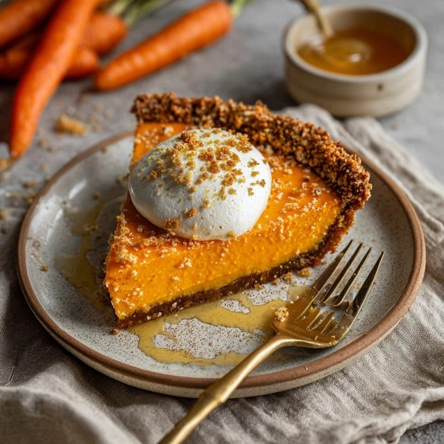 Close-up of carrot pie slice showing smooth velvety orange custard interior, flaky golden pie crust edge, honey drizzle pooling in cream, sprinkle of cinnamon