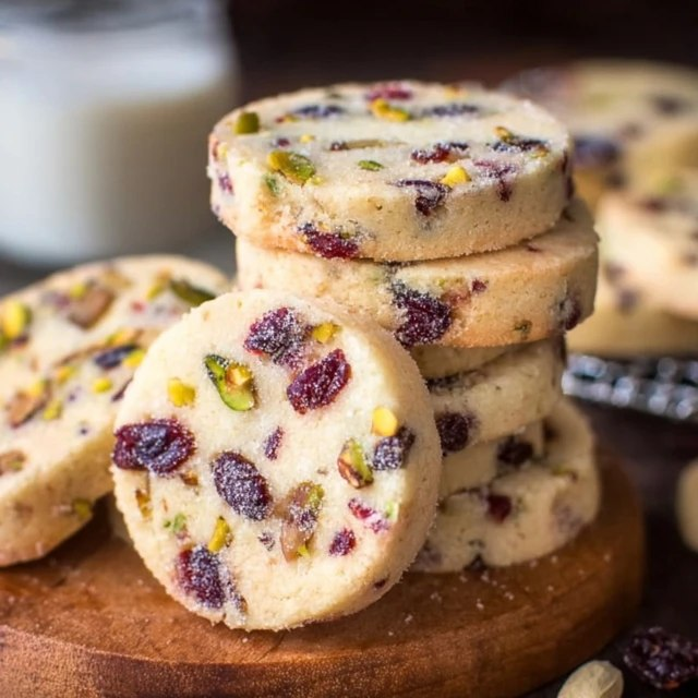 Close-up of cranberry pistachio shortbread showing tender crumbly cookie texture studded with red cranberry pieces and green pistachio chunks, sandy sugar crystals on top