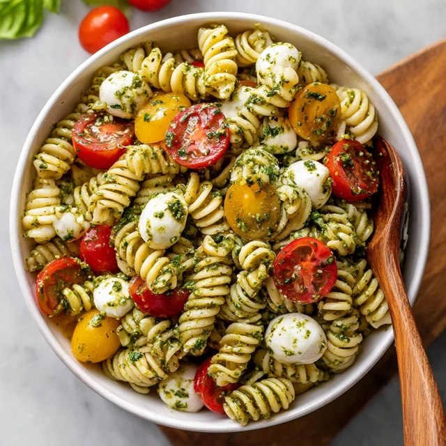 Pesto Pasta Salad (Rotini, Basil Pesto, Cherry Tomatoes, Mozzarella, Olives, Pine Nuts, 25 Min)