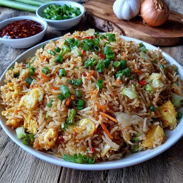 Close-up of fried rice showing distinct separated rice grains, golden brown soy-stained edges, colorful carrot cubes, scrambled egg yellow chunks, fresh scallion rings