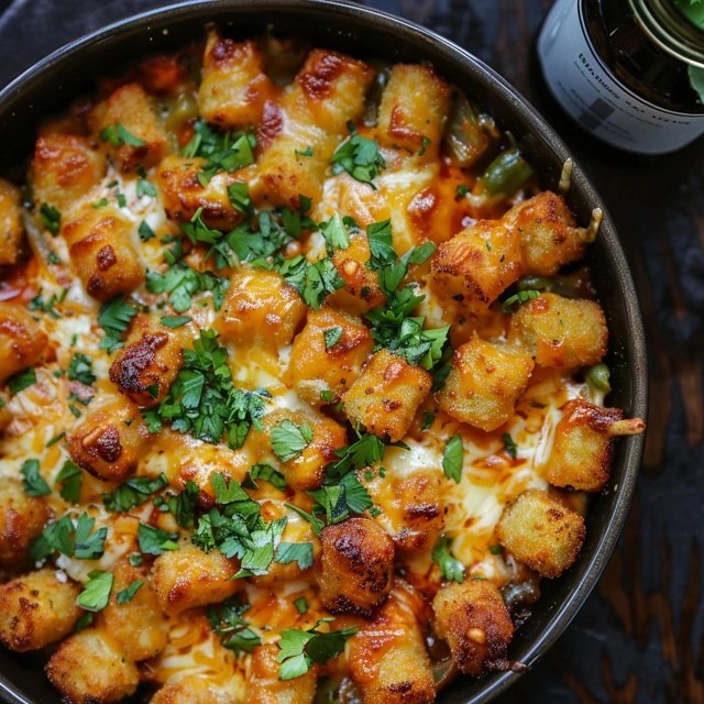 Close-up of tater tot casserole showing crispy golden brown tater tots, molten cheddar pull, savory ground beef chunks in cream gravy, soft melty cheese layer