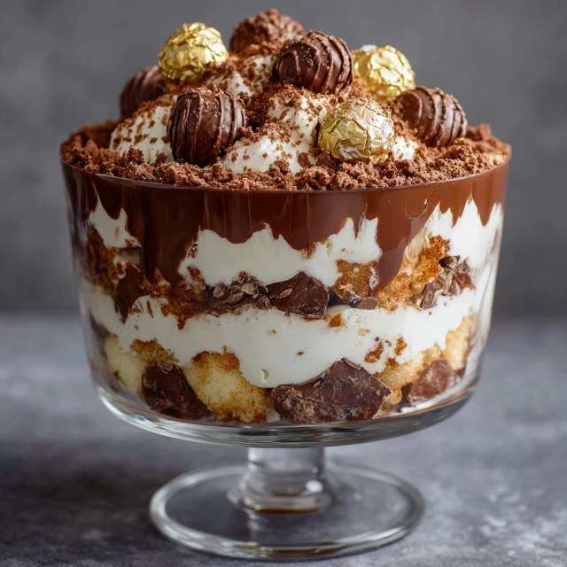 Close-up of chocolate trifle showing distinct layers — dark brownie chunks, silky brown pudding, billowy white cream, broken brownie pieces, glossy red cherries crowning the top, chocolate curls