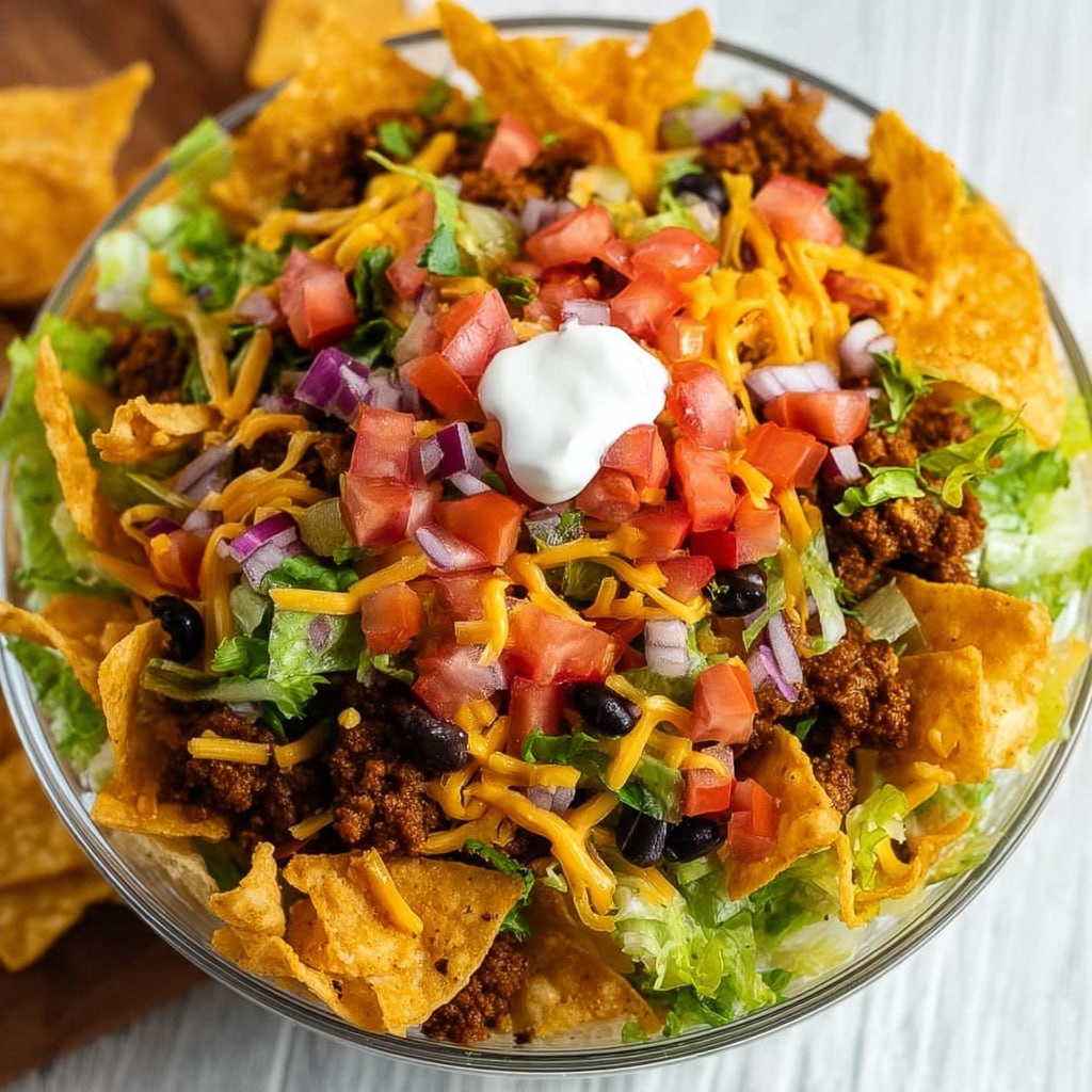 Close-up of crunchy Doritos Taco Salad with toppings