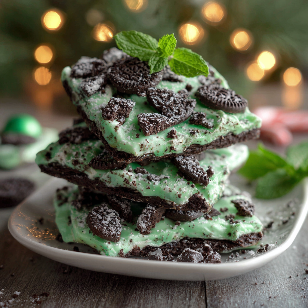 Close-up of Mint Oreo Bark pieces with toppings