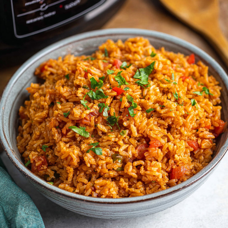Bowl of Crockpot Spanish Rice garnished with cilantro