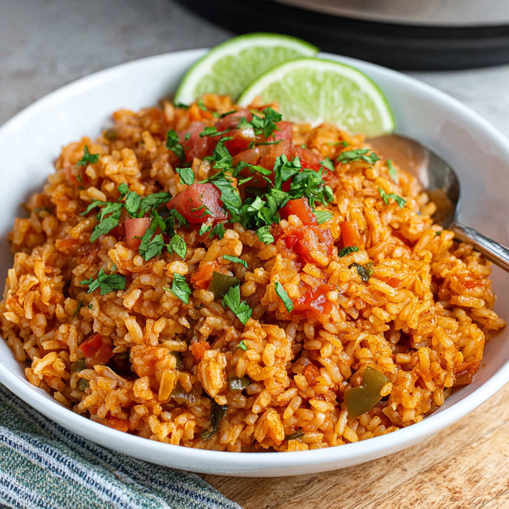 Ingredients for Crockpot Spanish Rice laid out on a kitchen counter
